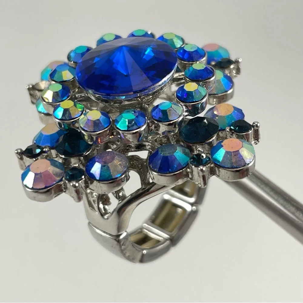 Stunning Silver Tone Big Statement Blue AB Glass Rhinestone Adjustable Ring